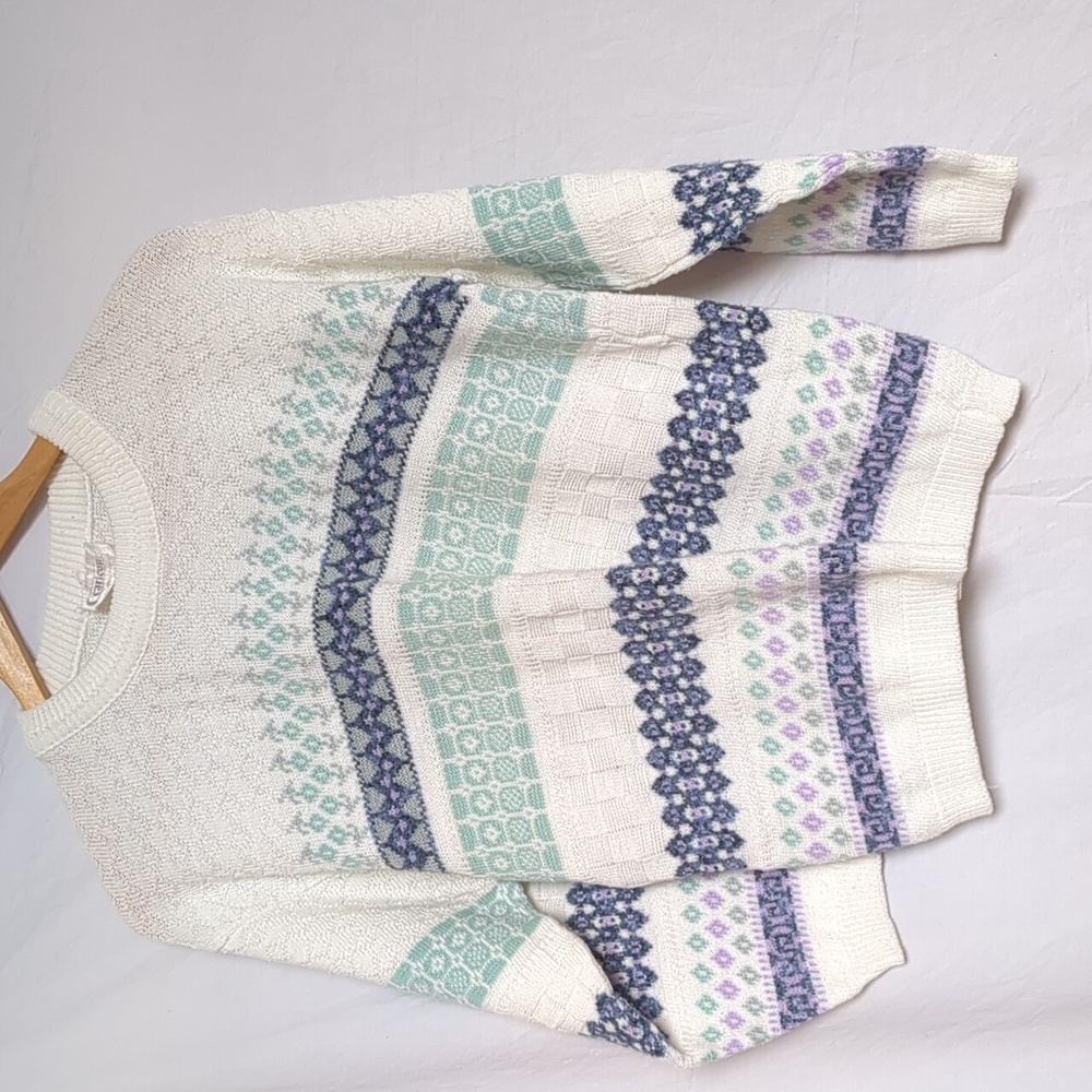 Caricon acrylic Neutral White Blue Knit Sweater Medium - Picture 9 of 9